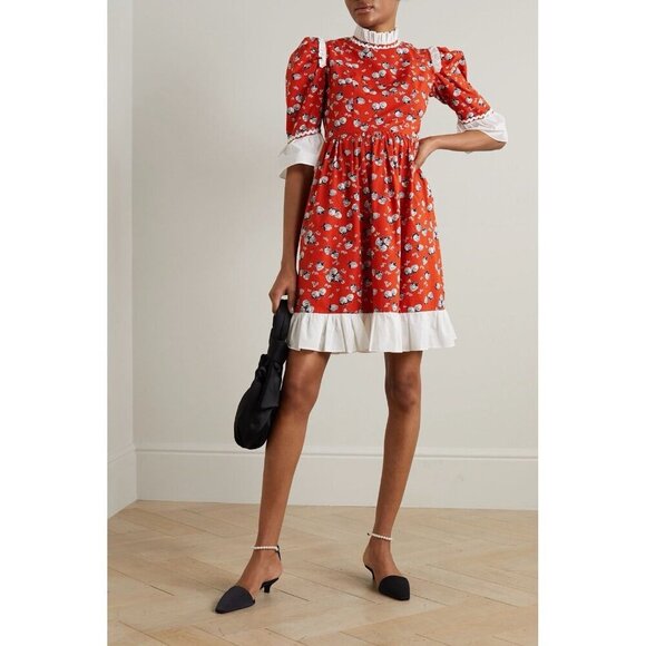 Batsheva Dress Ruffled Sz 8 Floral Poplin Mini Peasant Feminine Farmcore NEW - Picture 1 of 16